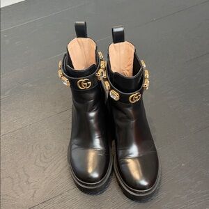 Gucci Black Ankle Boots with Gold Accents